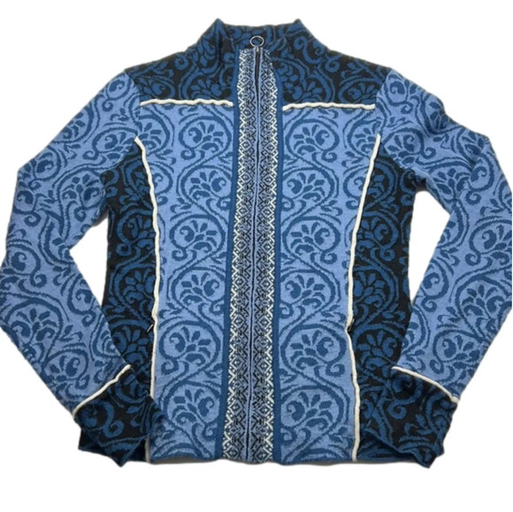 Icelandic Design Blue Fair Isle Full Zippered Wool Cardigan Sweater - Picture 1 of 9